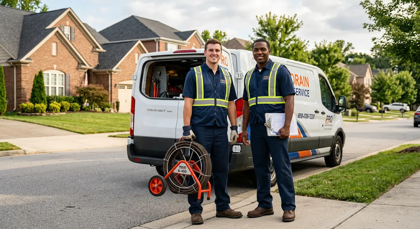 Sewer and drain service team with equipment ready for work in West Bend