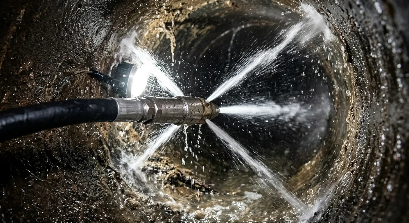 High-pressure hydro jetting nozzle cleaning sewer pipe for Emergency Drain Service in West Bend