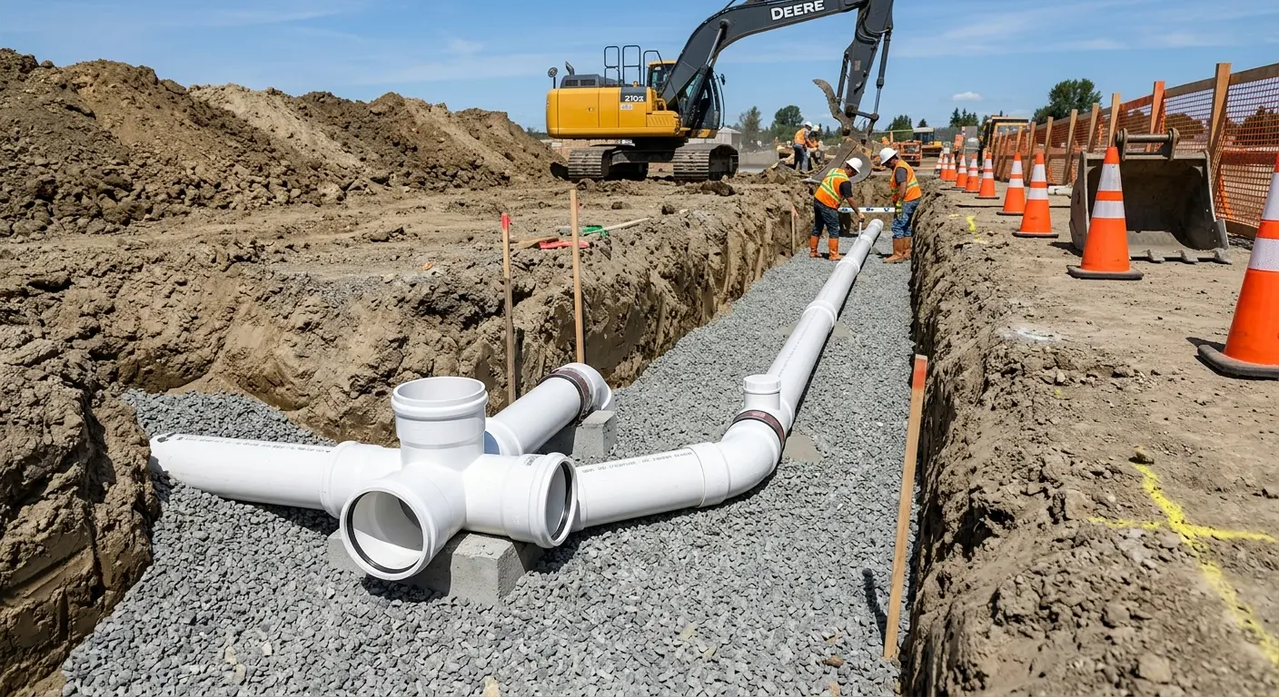 New PVC sewer pipe installation in open trench for Grease Trap Cleaning in West Bend