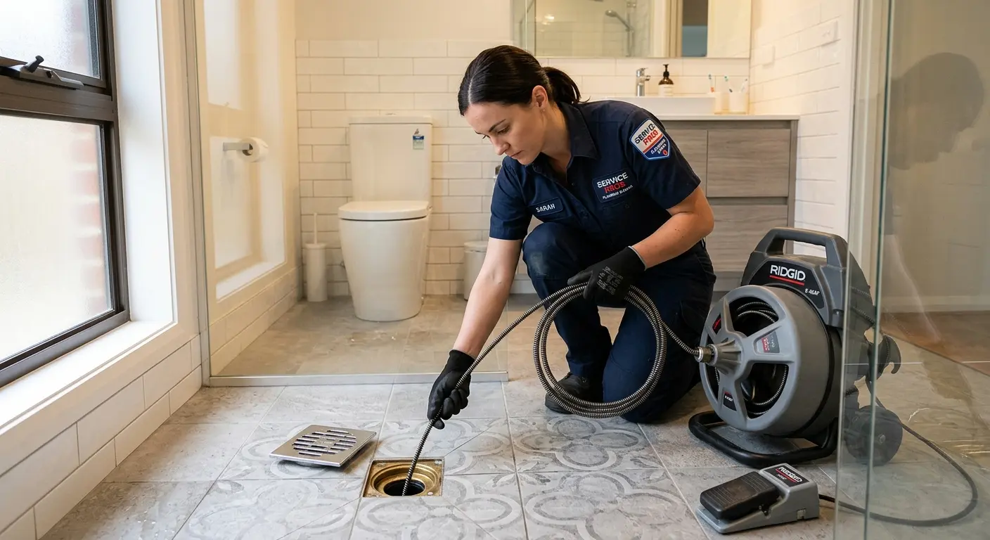 Technician clearing a bathroom floor drain for Hydro Jetting in West Bend